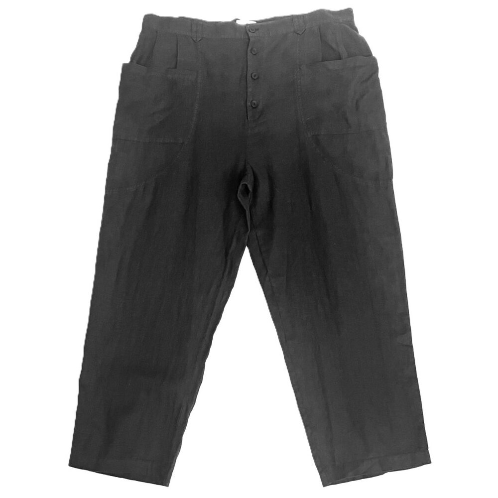 New Joie 100% Linen Crop Straight Pant Exposed Button Fly Elastic Waist Black 1X